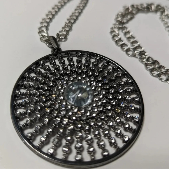 Statement Necklace- Rhinestone-Long Chain-Handmade-Silver tone-Starburst Pendant - Picture 12 of 13